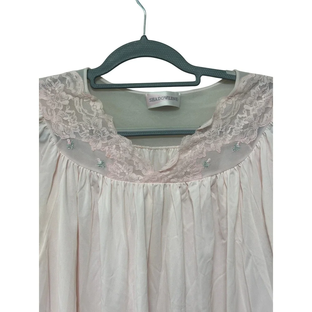 Shadowline‎ Vintage Pink Nightgown Lace Trim Mesh Yoke Floral Embroidery SS XL
